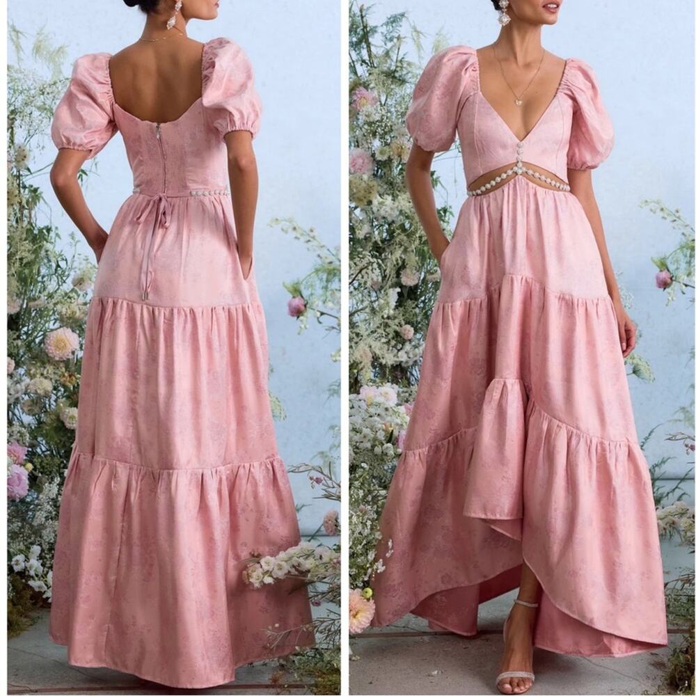 V. CHAPMAN Emma Crystal Embellished Cutout Floral Brocade Pink Maxi Dress Sz 6